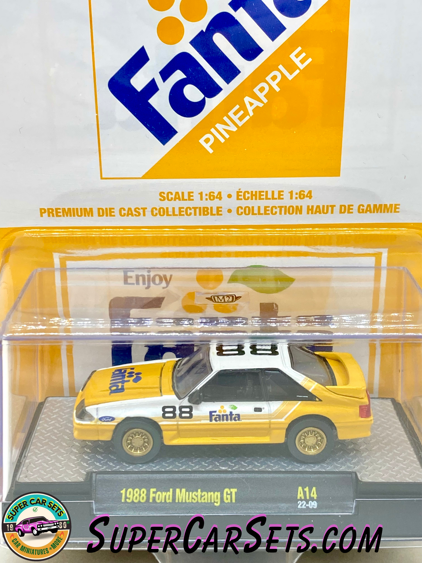 Fanta Pineapple 1988 Ford Mustang made by M2 Machines