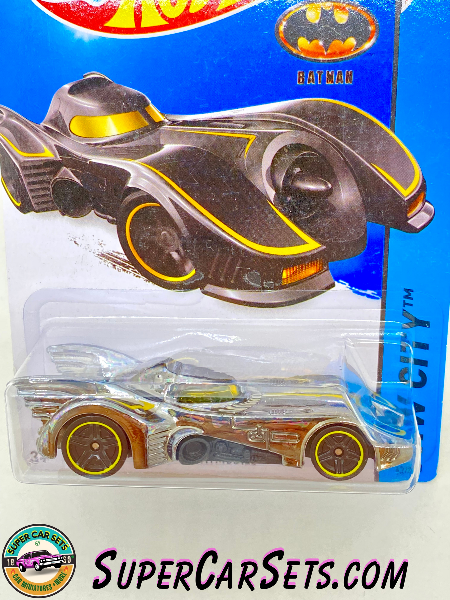 Hot Wheels (VINTAGE) HW City - 2015 (62/250) - Batmobile (Dark Chrome with Yellow stripes) (CFJ50)