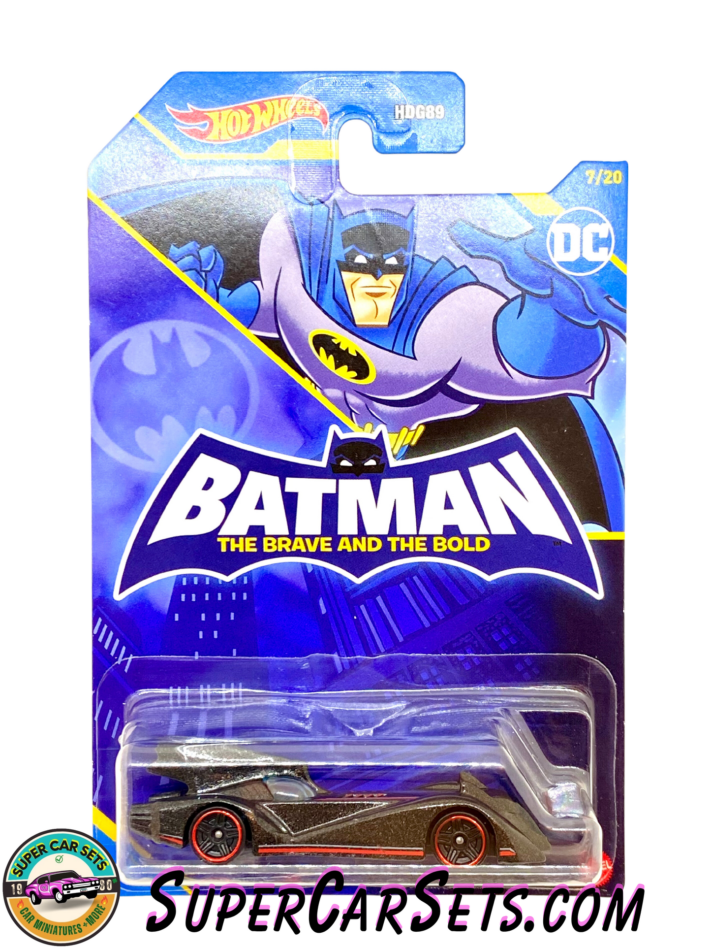 Hot Wheels - DC - Batman - (7/20) (HDG89) - Batmobile (black with red stripes/lines) (card with a crack)