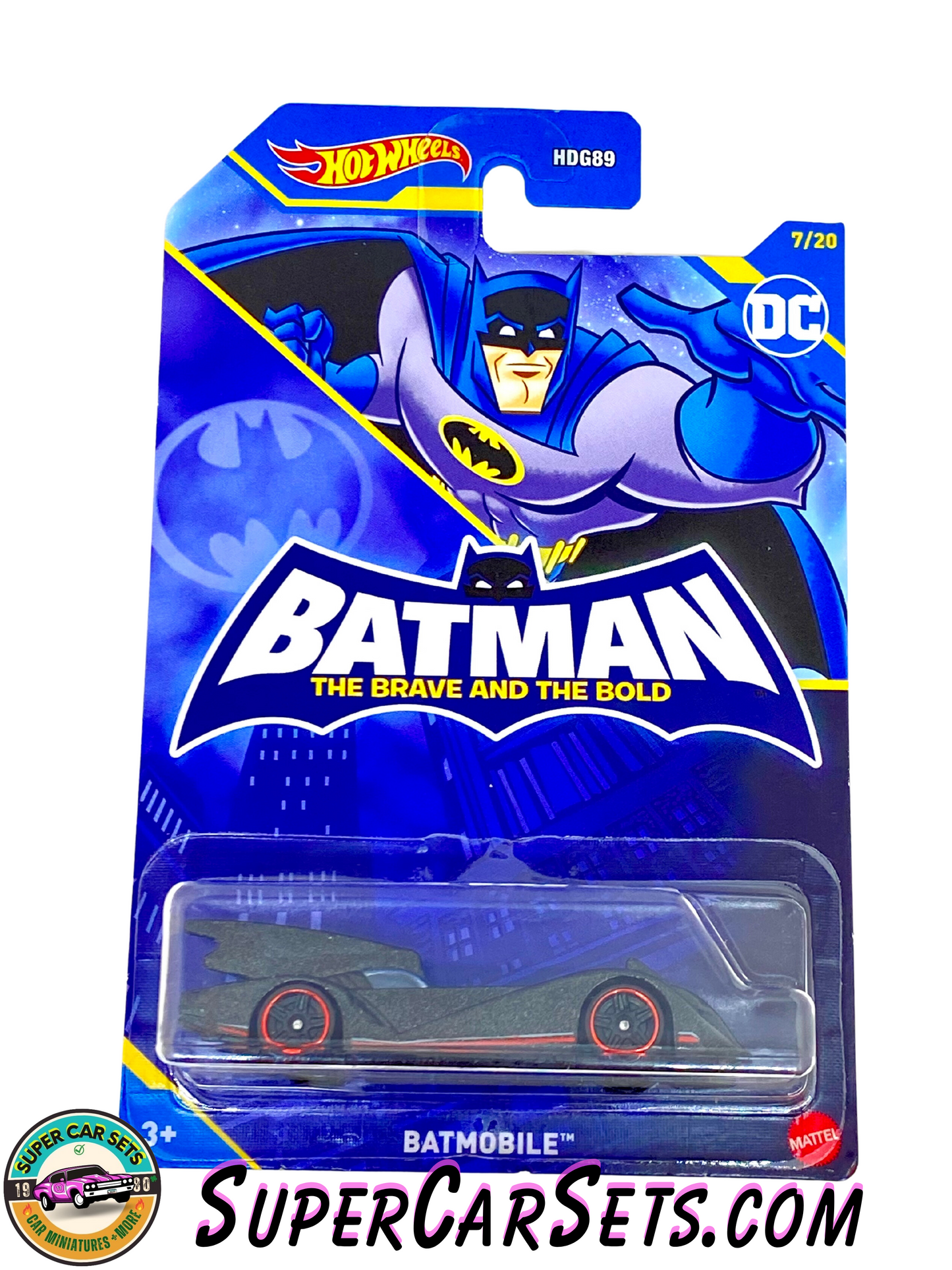 Hot Wheels - DC - Batman - (7/20) (HDG89) - Batmobile (black with red stripes/lines) (card with a crack)