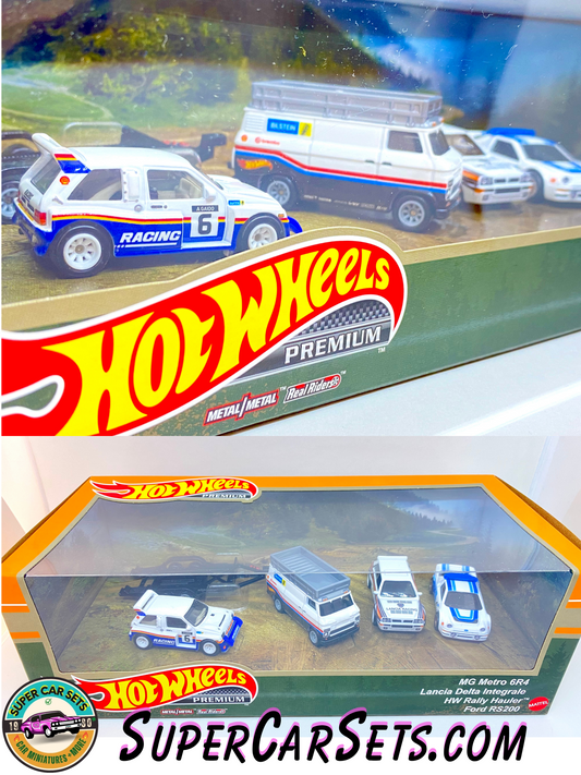 4 Cars Set Hot Wheels Premium - MG Metro 6R4 + Lancia Delta Integrale + HW Rally Hauler + Ford RS200