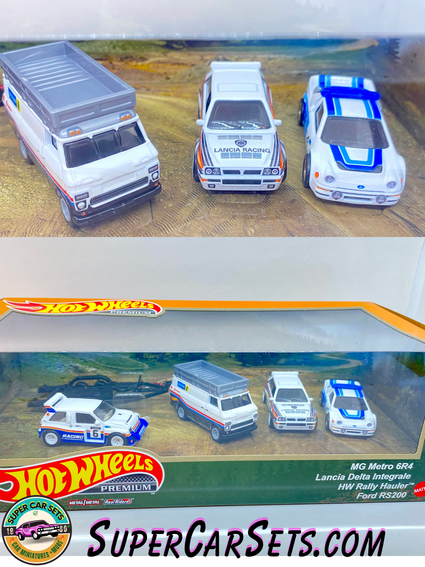 4 Cars Set Hot Wheels Premium - MG Metro 6R4 + Lancia Delta Integrale + HW Rally Hauler + Ford RS200