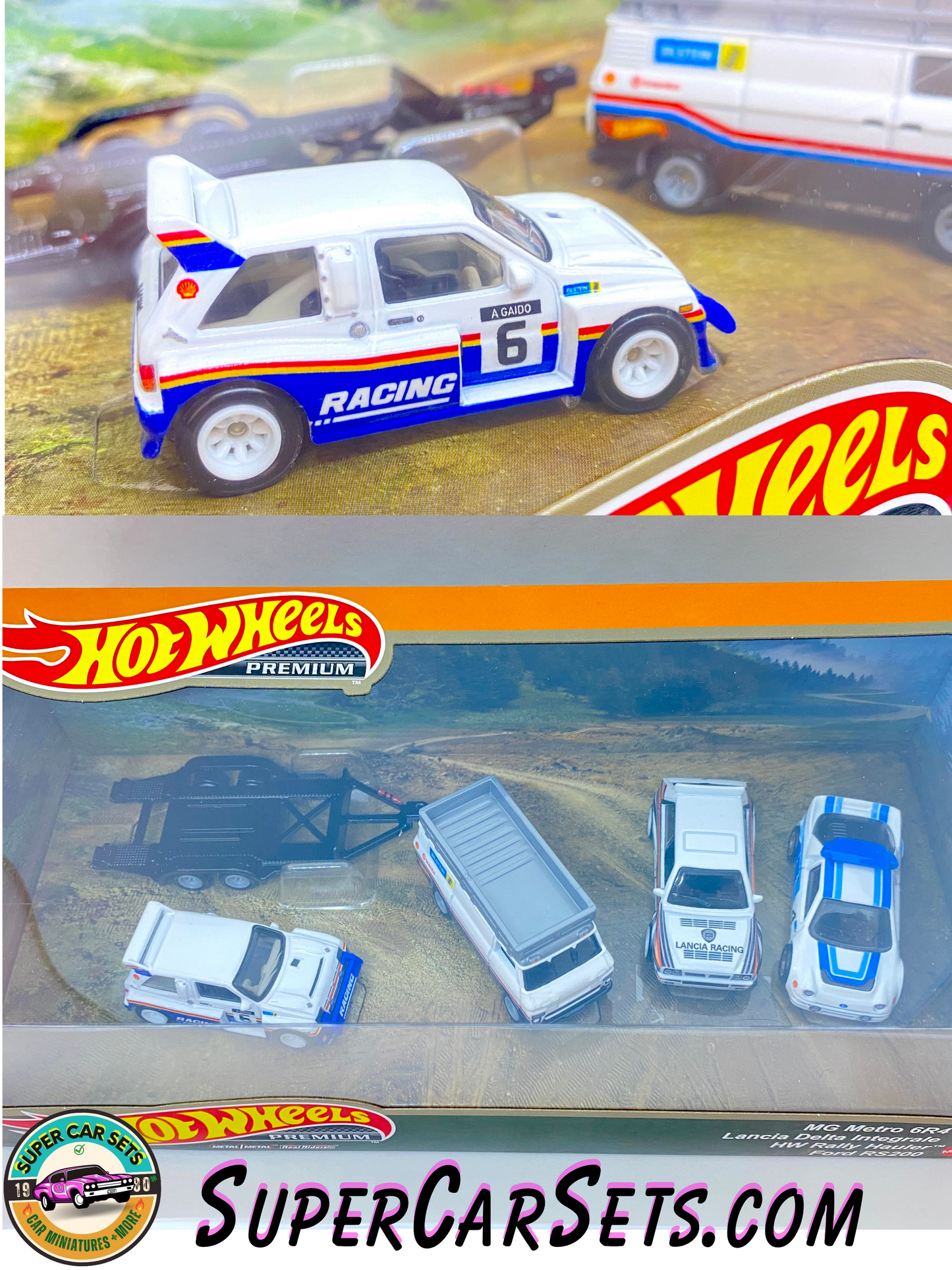 4 Cars Set Hot Wheels Premium - MG Metro 6R4 + Lancia Delta Integrale + HW Rally Hauler + Ford RS200