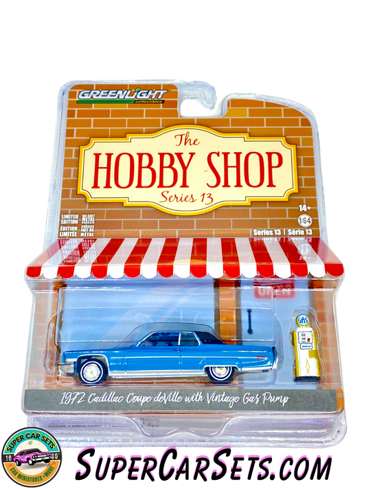 1972 Cadillac Coupe deVille with Vintage Gas Pump - The Hobby Shop Series 13 made by Greenlight Collectibles