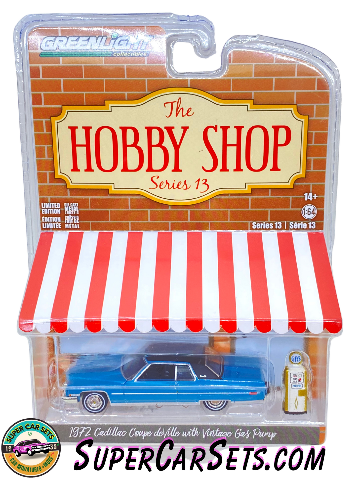 1972 Cadillac Coupe deVille with Vintage Gas Pump - The Hobby Shop Series 13 made by Greenlight Collectibles