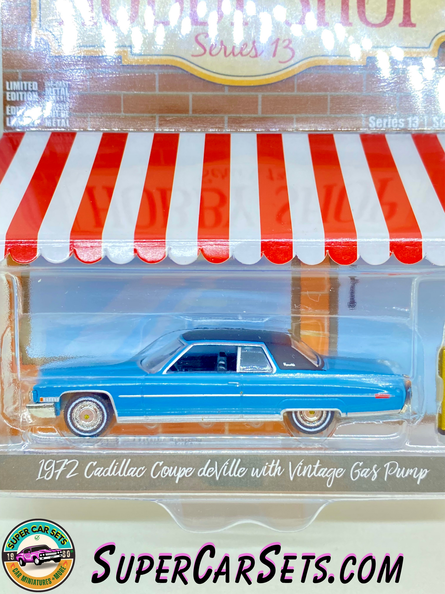 1972 Cadillac Coupe deVille with Vintage Gas Pump - The Hobby Shop Series 13 made by Greenlight Collectibles