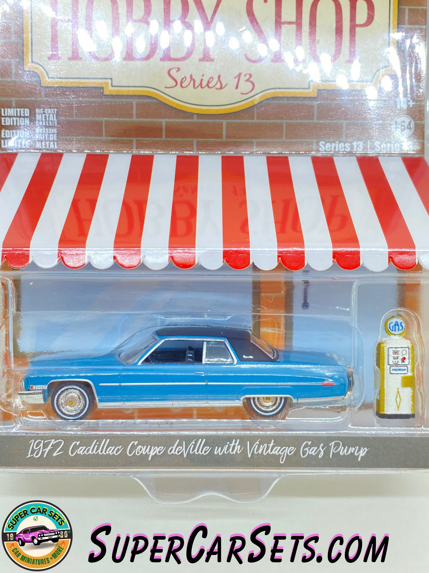 1972 Cadillac Coupe deVille with Vintage Gas Pump - The Hobby Shop Series 13 made by Greenlight Collectibles