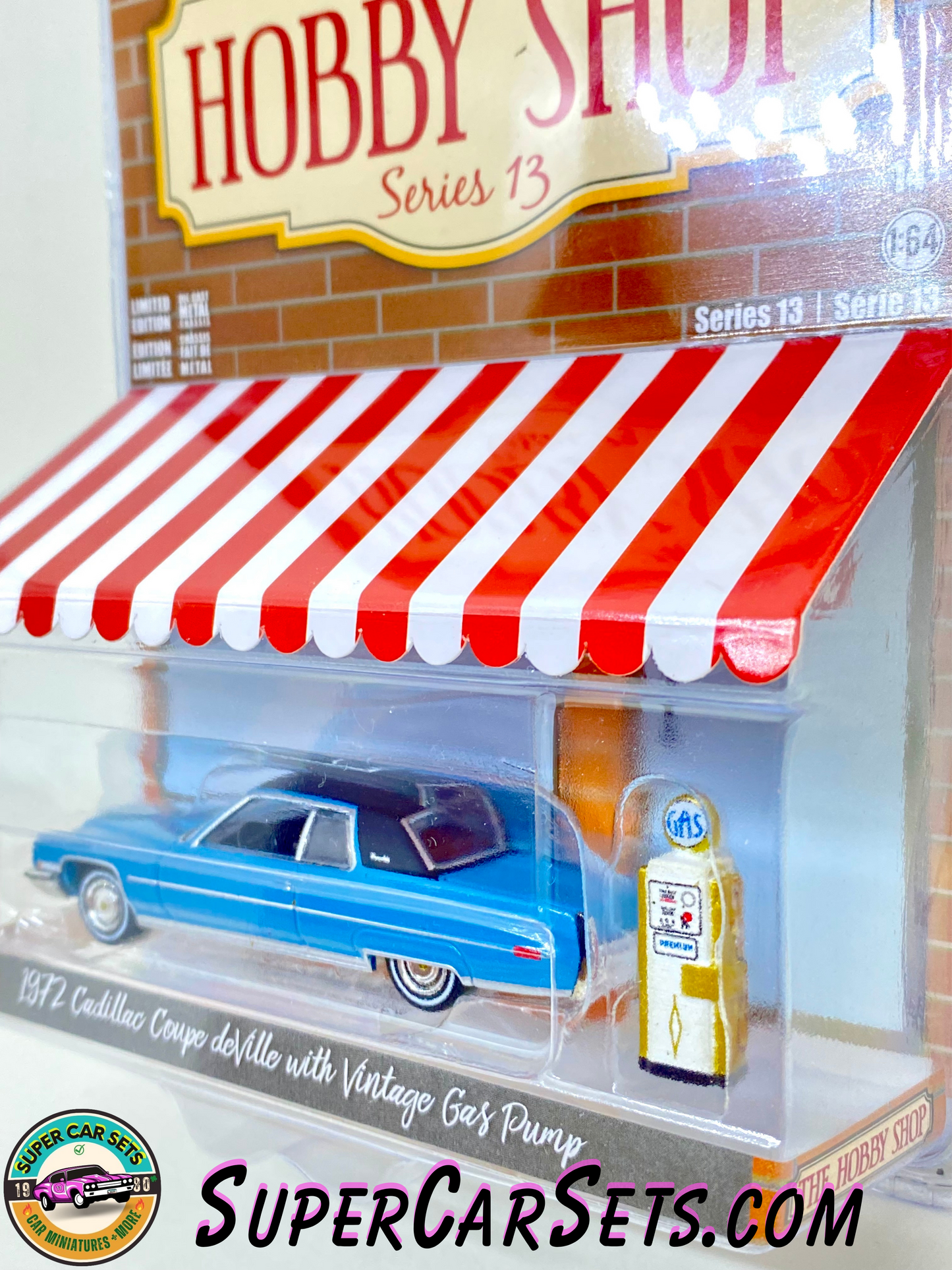 1972 Cadillac Coupe deVille with Vintage Gas Pump - The Hobby Shop Series 13 made by Greenlight Collectibles