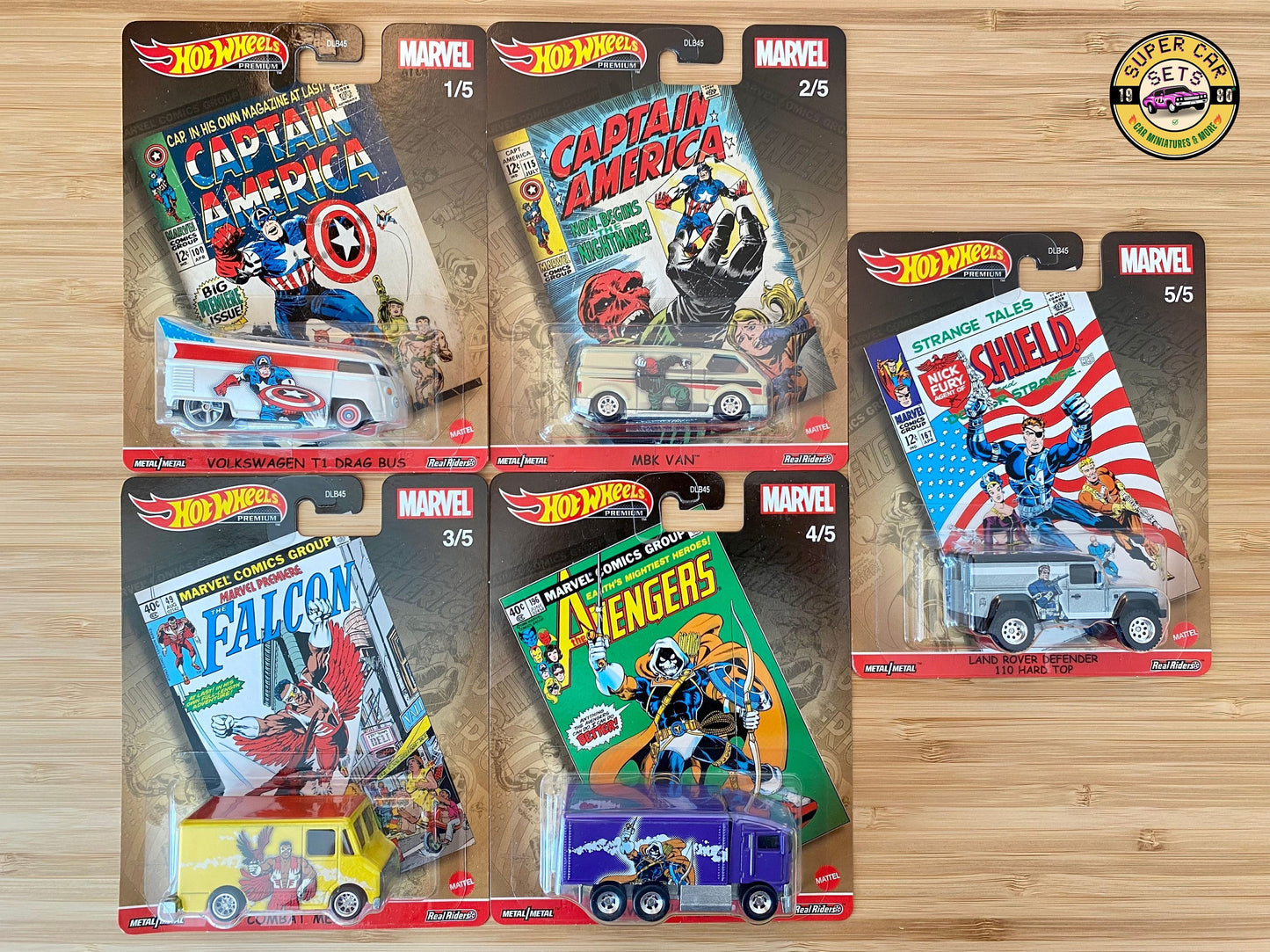 Alle 5 Autos (Komplettset) Marvel Hot Wheels Premium (einschließlich des VW T1 Drag Bus Captain America)