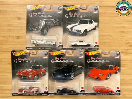 Alle 5 Autos (*perfekter Zustand der Autos, aber kaputte Karte) Jay Leno's Garage von Hot Wheels Premium Car Culture – Komplettset 5 von 5 Autos