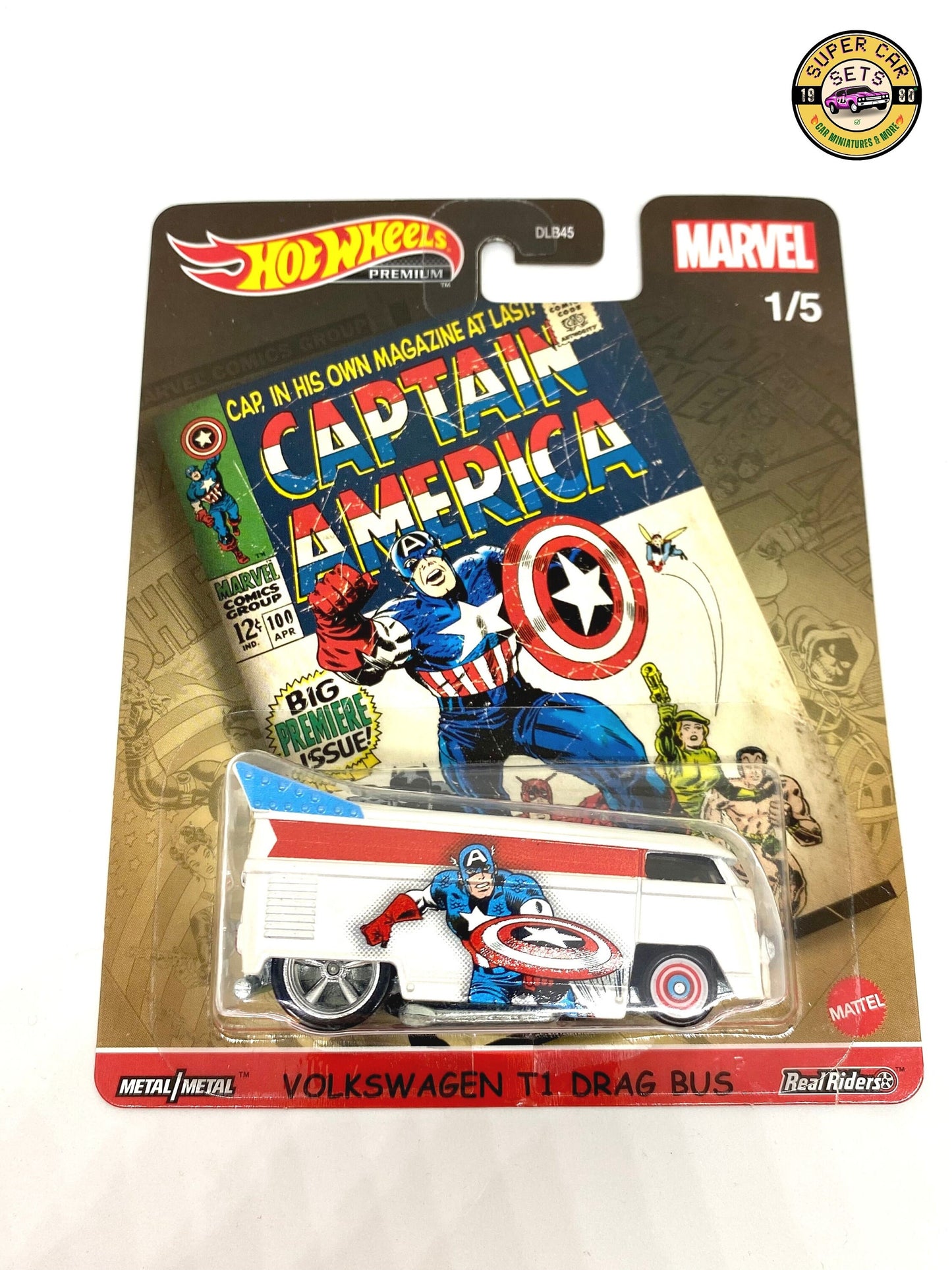 Les 5 voitures (ensemble complet) Marvel Hot Wheels Premium (y compris le VW T1 Drag Bus Captain America)