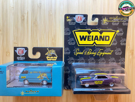 2 vehicles Weiand Set - 1967 Chevrolet Nova SS + 1964 Dodge A100 Panel Van made by M2 Machines