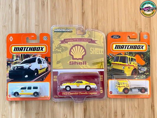 Coffret 3 voitures SHELL - Chevrolet Chevelle Laguna 1975 (Greenlight) + Ford C900 1965 (Matchbox) + Renault Kangoo (Matchbox)