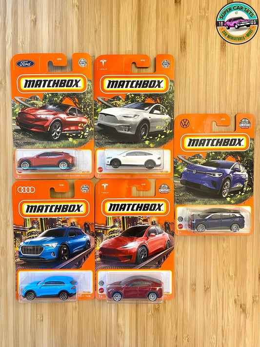 5 ELECTRIC Cars Set made by Matchbox • Tesla Model X • 2021 Ford Mustang Mach-E • Audi E-Tron • Volkswagen EV4 • Tesla Model Y