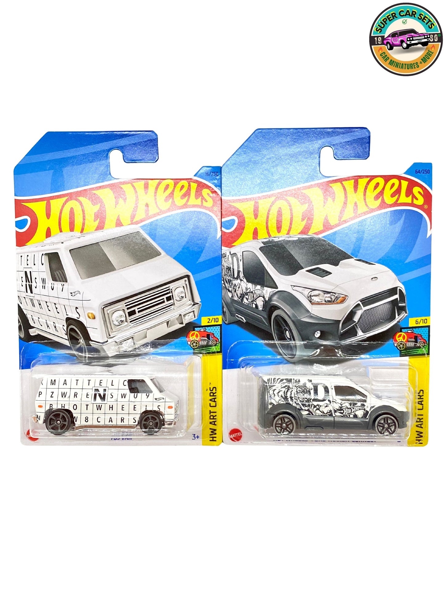 Ensemble de voitures artistiques Hot Wheels (fourgonnette des années 70 + Ford Transit Connect)