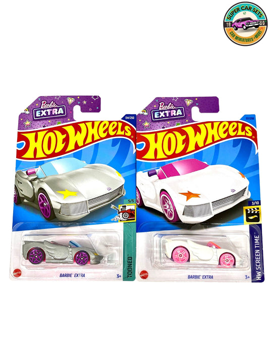 Ensemble Barbie Hot Wheels (Barbie Extra Blanche + Barbie Extra Argent)