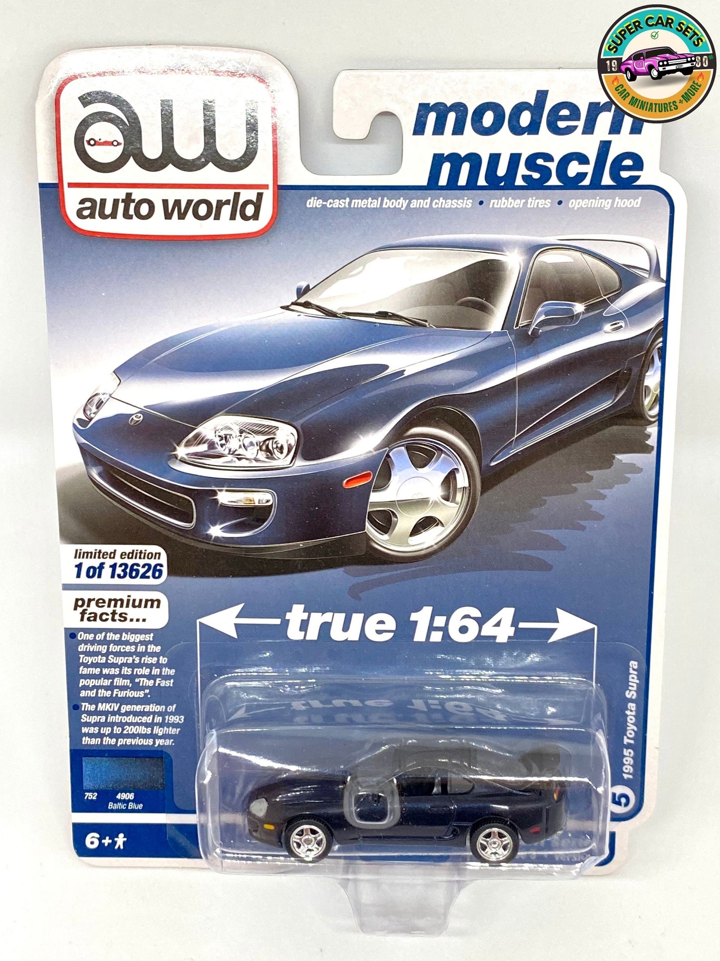 1995 Toyota Supra (baltischblaue Farbe), hergestellt von Auto World (perfekter Zustand, Verpackung etwas beschädigt)