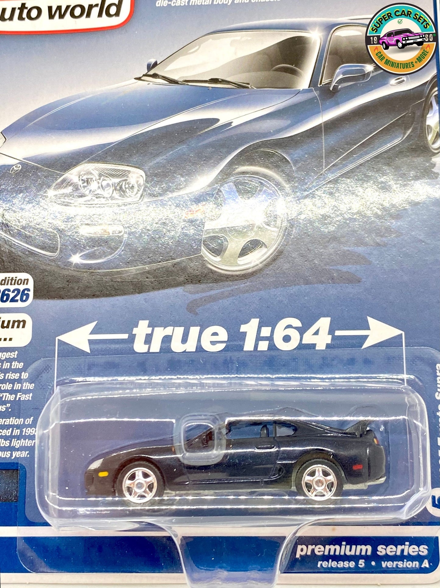 1995 Toyota Supra (baltic blue colour) made by Auto World (perfect car condition, package a bit damaged)