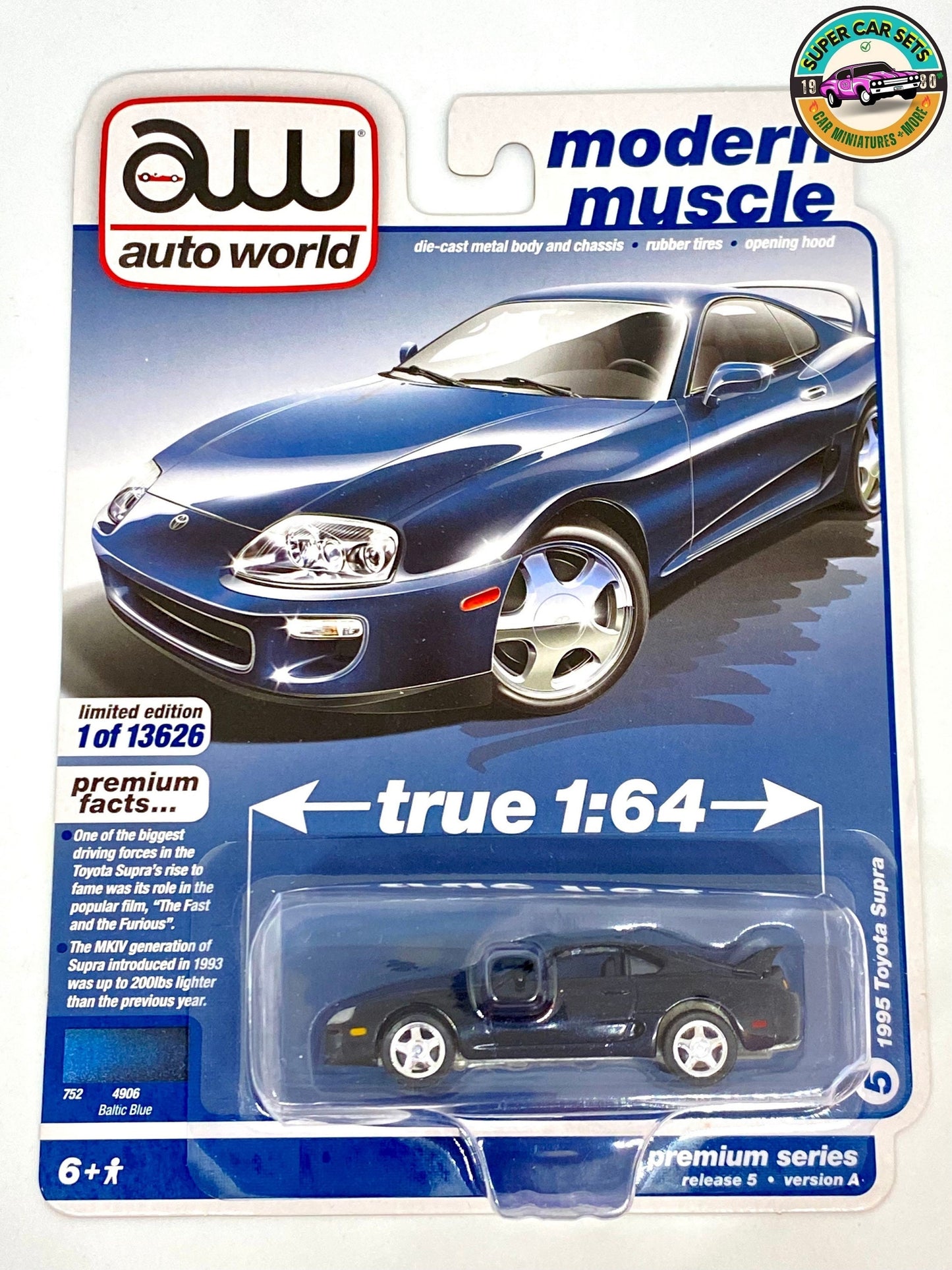 1995 Toyota Supra (baltischblaue Farbe), hergestellt von Auto World (perfekter Zustand, Verpackung etwas beschädigt)