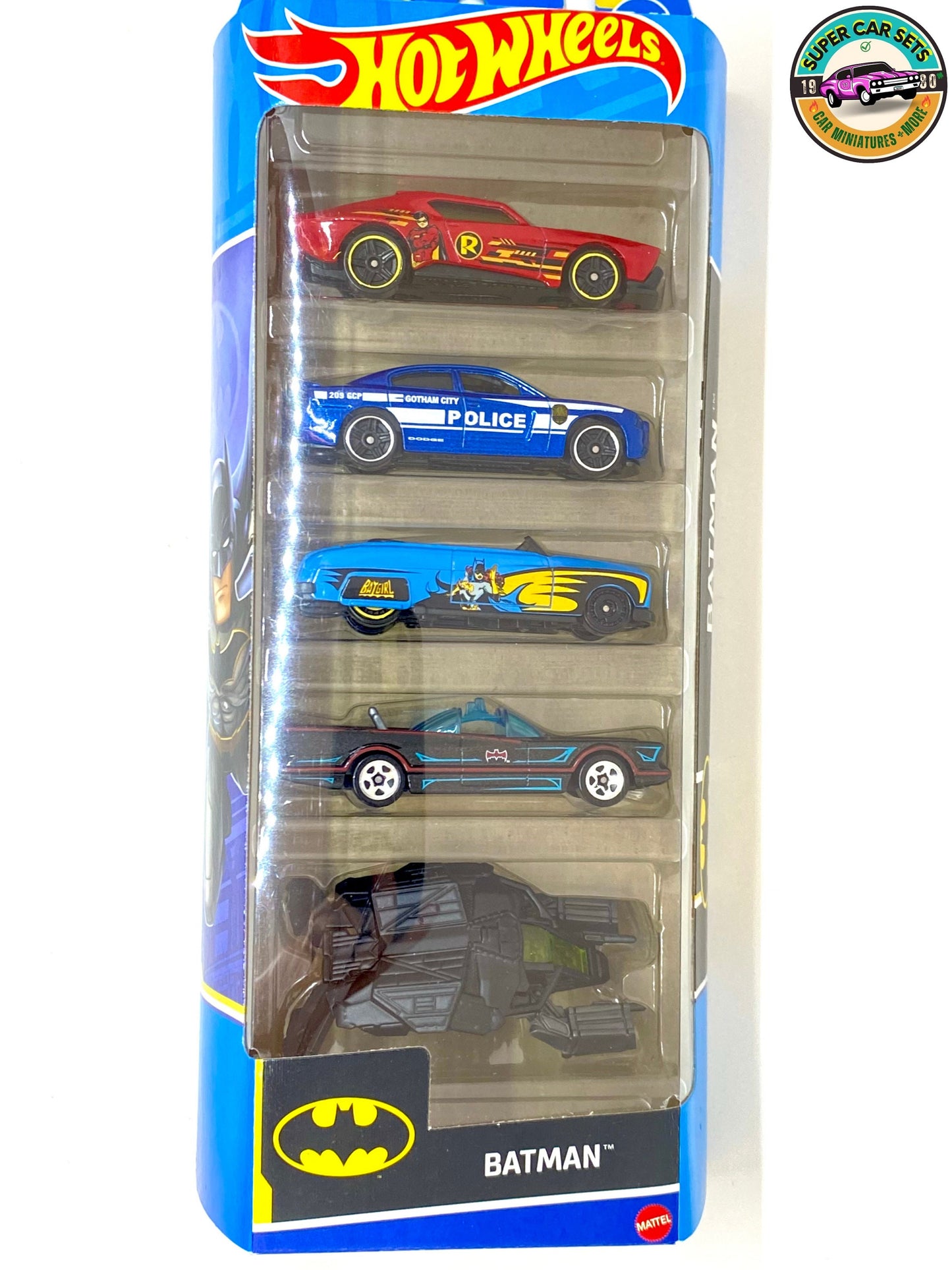 Batman 5er-Pack Hot Wheels – 2023 – Muscle Bound • Dodge Charger R/T '11 • Merc '49 • Batmobil der TV-Serie • The Bat