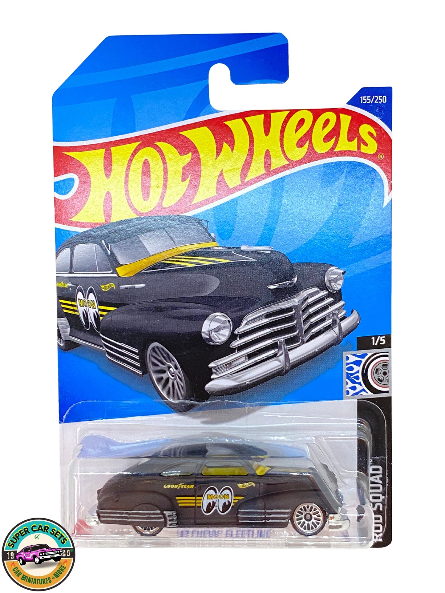 Hot Wheels – Rod Squad – (155/250) – Chevy Fleetline aus dem Jahr 1947 (Moon Eyes + schwarze Farbe) (Auto in einwandfreiem Zustand, aber die Karte weist einen kleinen Riss auf)