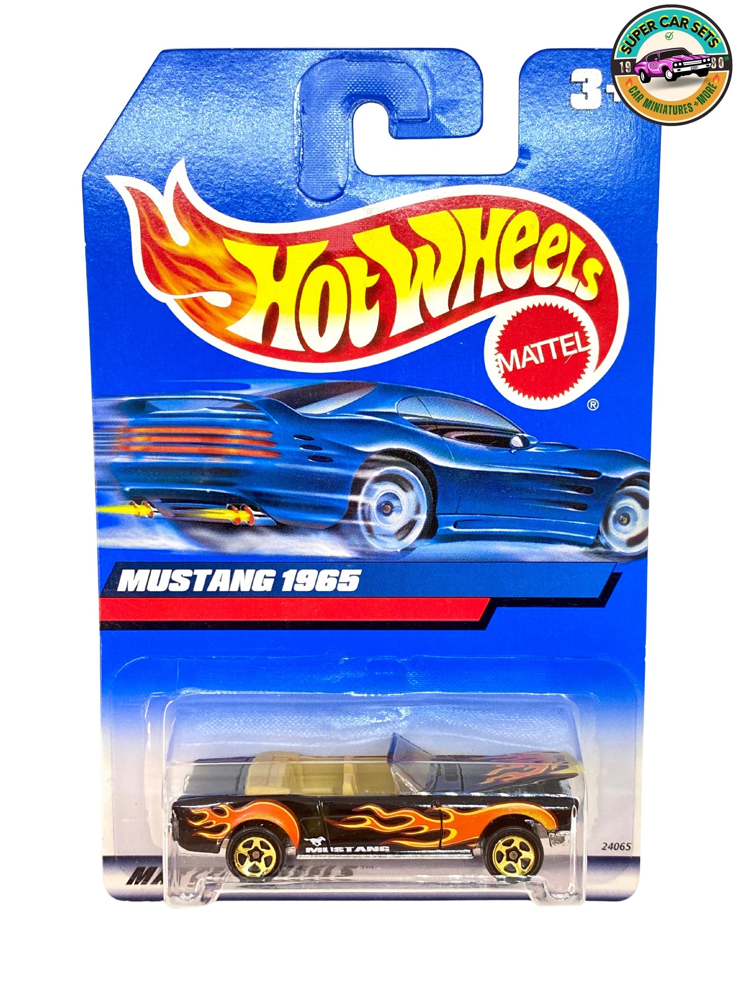 Hot Wheels - (VINTAGE) - Mustang 1965 - Cabriolet (avec capot ouvrant) (couleur noire avec flammes) (#24065) (Année de lancement 1999)