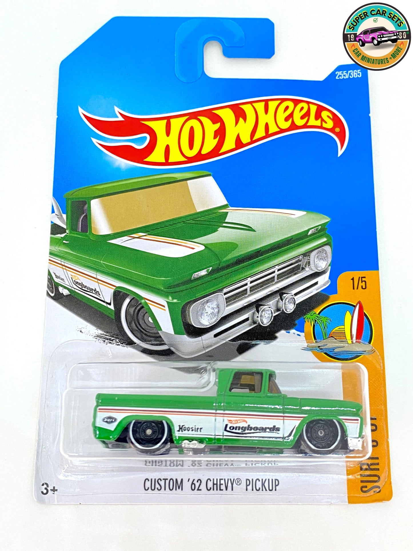 Hot Wheels - Surf’s Up - Custom ’62 Chevy Pickup (1/5) (255/365) (launched 2017) - (White stripe & 'Longboards' on sides)