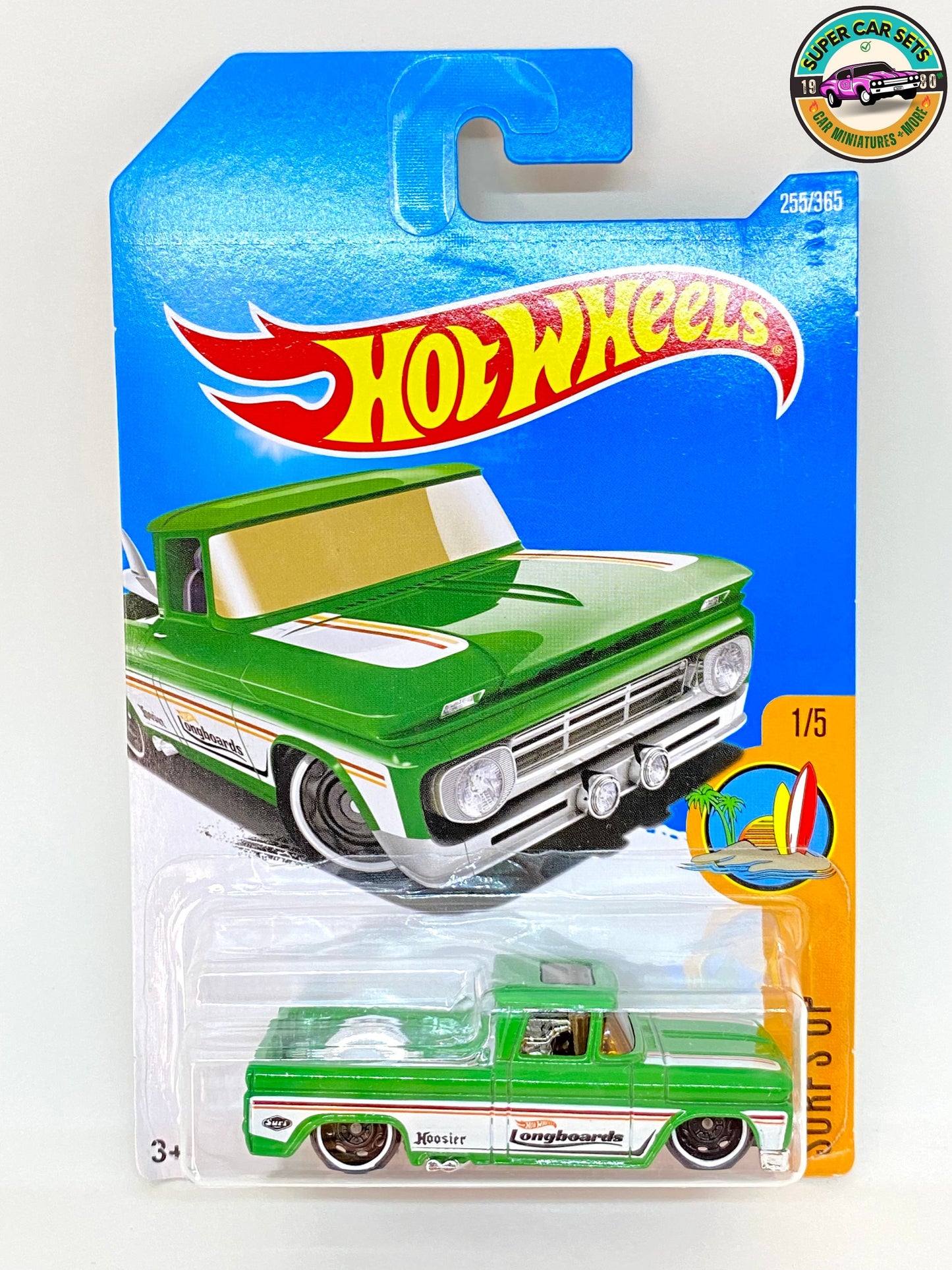 Hot Wheels – Surf's Up – Custom '62 Chevy Pickup (1/5) (255/365) (veröffentlicht 2017) – (weißer Streifen und „Longboards“ an den Seiten)