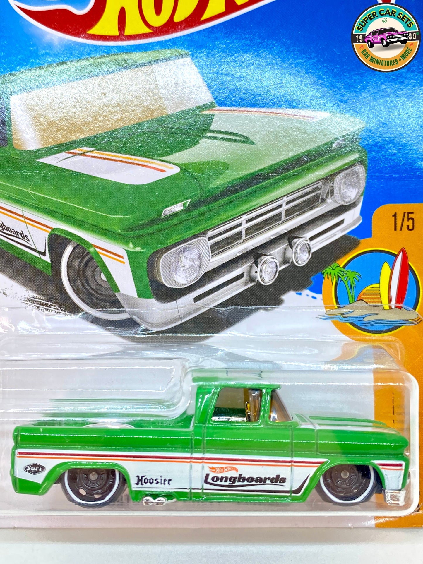 Hot Wheels - Surf's Up - Custom '62 Chevy Pickup (1/5) (255/365) (lancé en 2017) - (Bande blanche et « Longboards » sur les côtés)