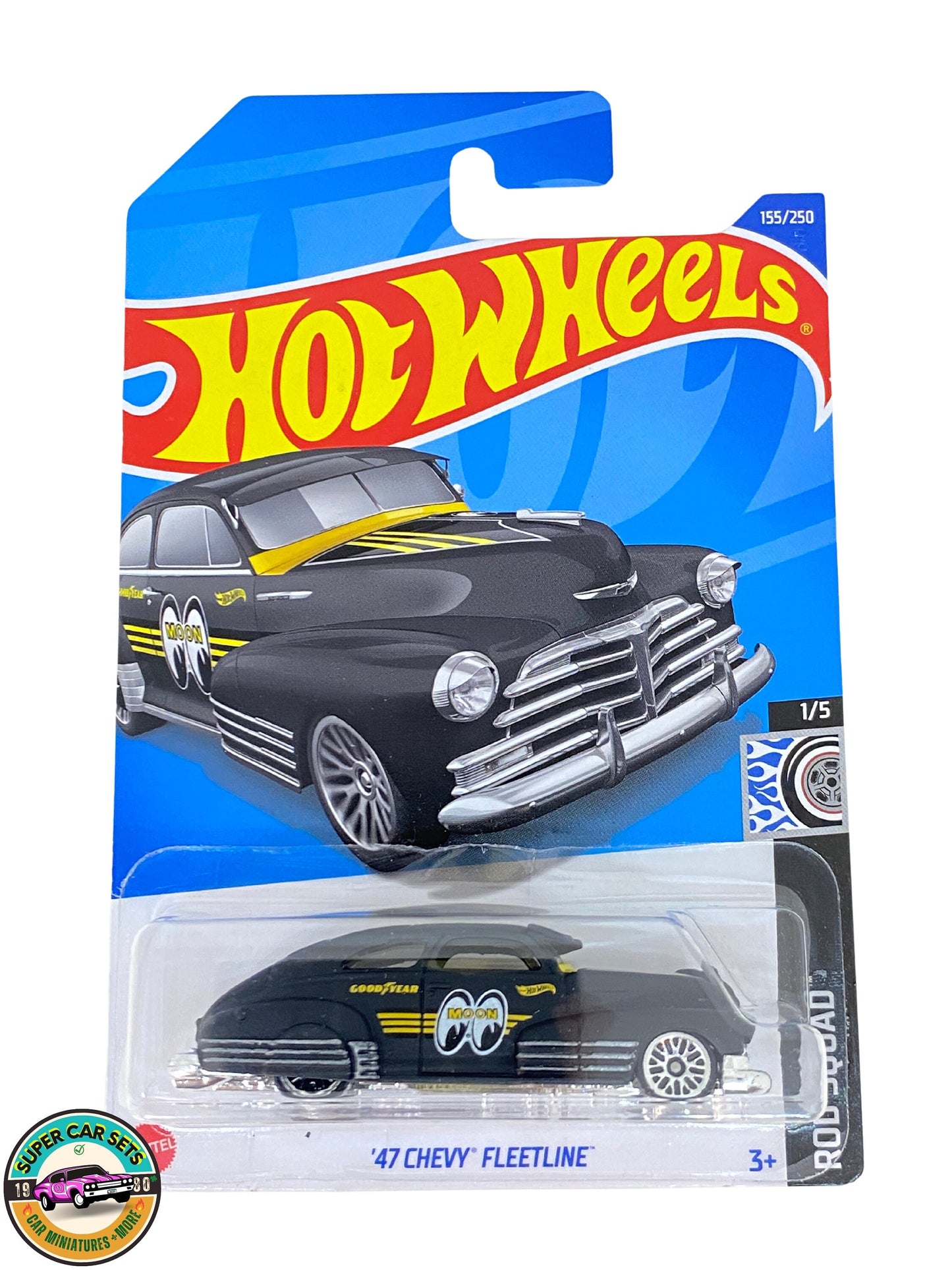 Hot Wheels - Rod Squad - (155/250)- '47 Chevy Fleetline (Moon Eyes + Couleur Noir) (voiture en parfait état, mais carte avec une petite fissure)