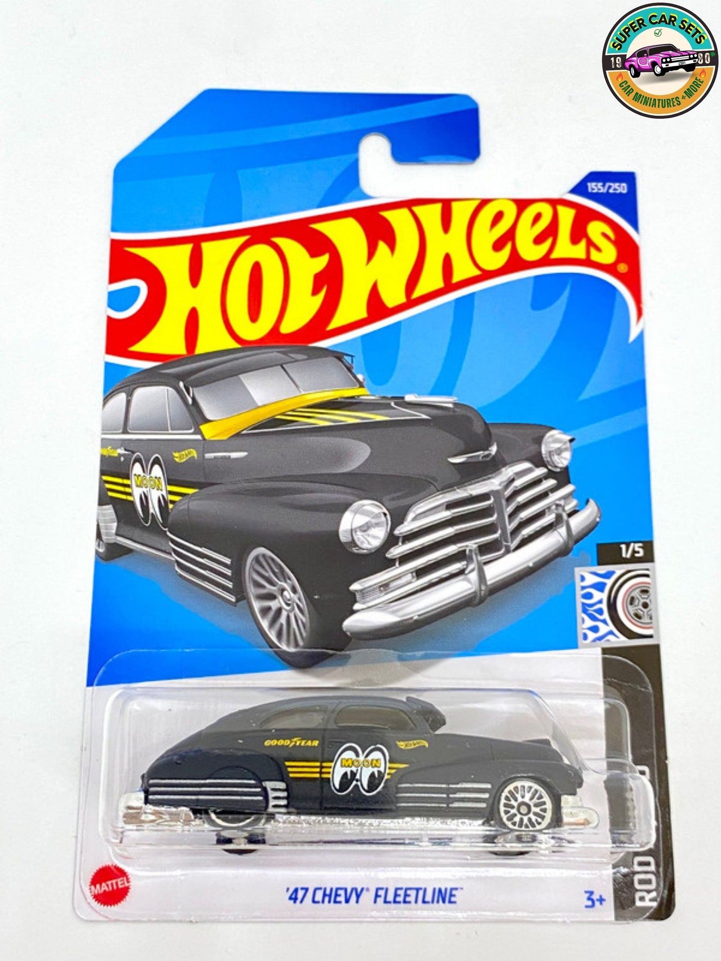 Hot Wheels - Rod Squad - (155/250)- '47 Chevy Fleetline (Moon Eyes + Couleur Noir) (voiture en parfait état, mais carte avec une petite fissure)