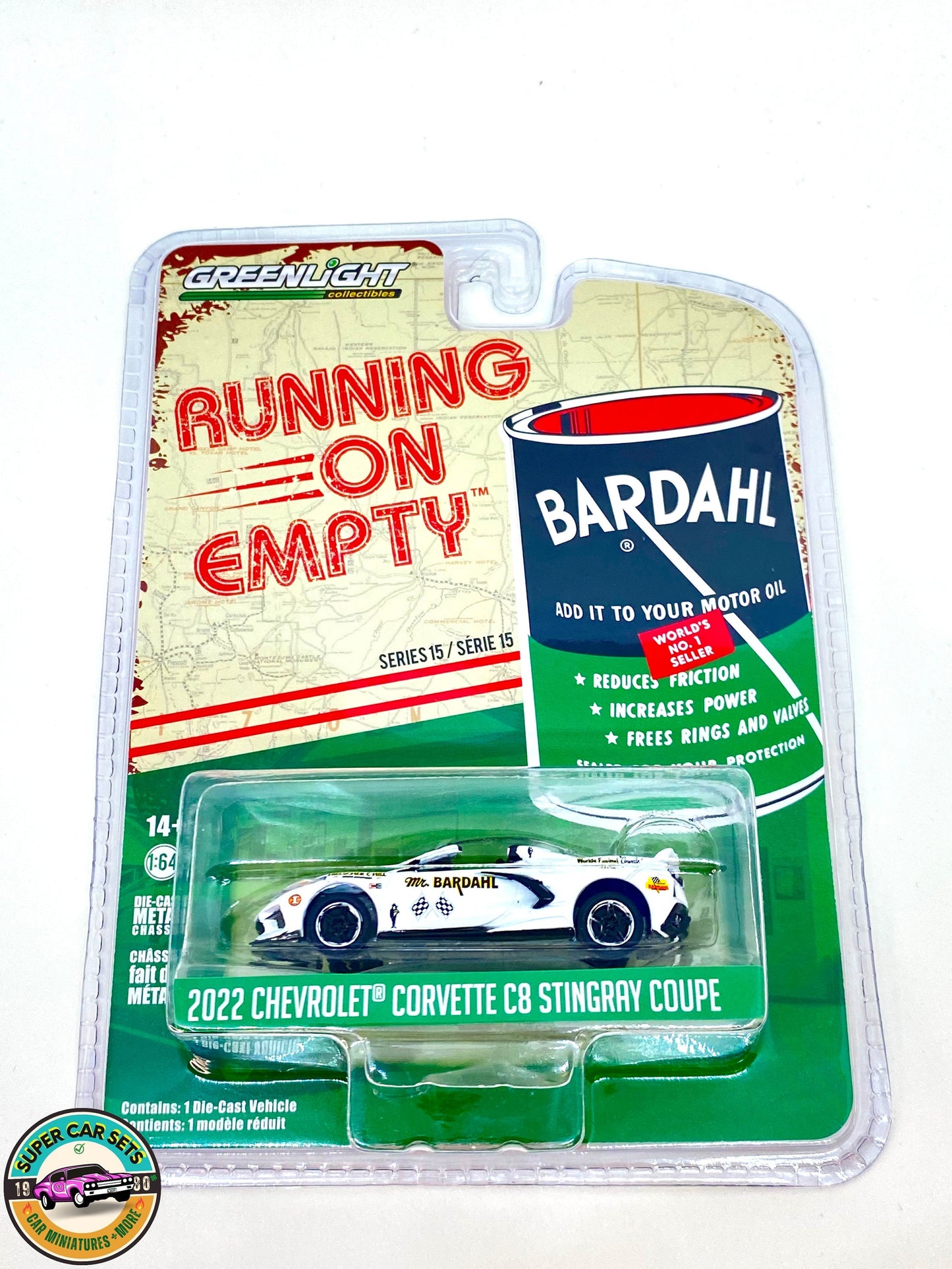 Bardahl 2022 Chevrolet Corvette C8 Stingray Coupé (weiße Farbe) – Running on Empty Serie 15 – hergestellt von Greenlight Collectibles