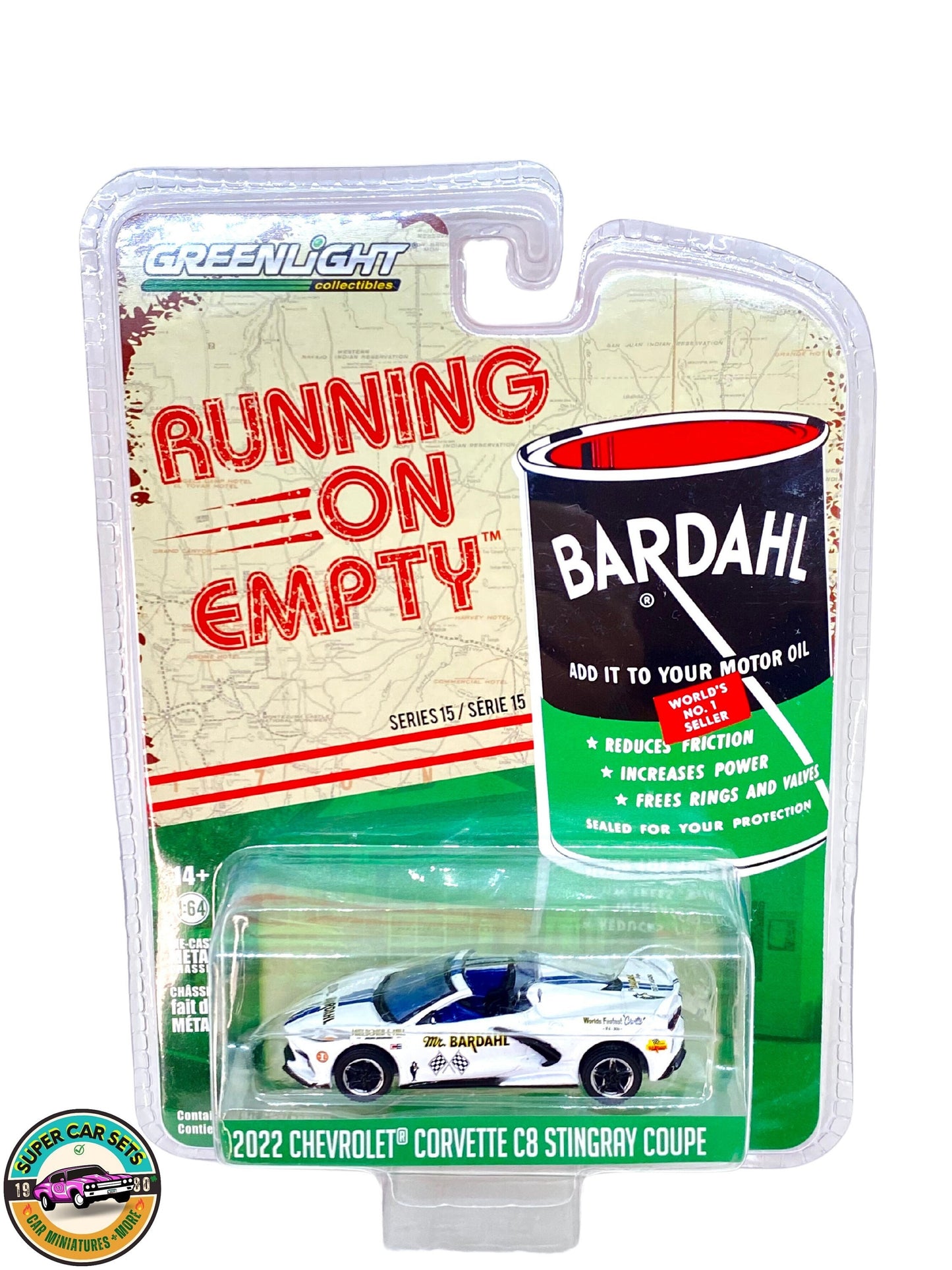 Bardahl 2022 Chevrolet Corvette C8 Stingray Coupé (weiße Farbe) – Running on Empty Serie 15 – hergestellt von Greenlight Collectibles